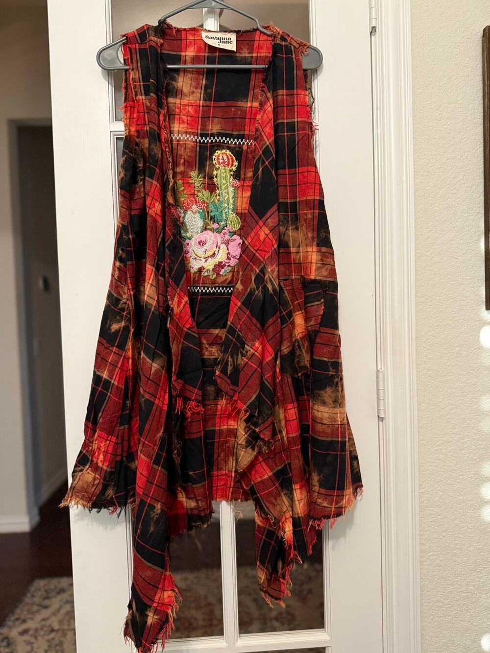 Savanna Jane Plaid Bleached Fringe Vest Cactus Embroidered Boho Western small
